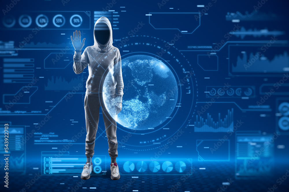 Poster Hacker in hoodie using abstract glowing digital business interface with globe and various other icons on blurry blue background. Tech, hacking, future and economy concept.