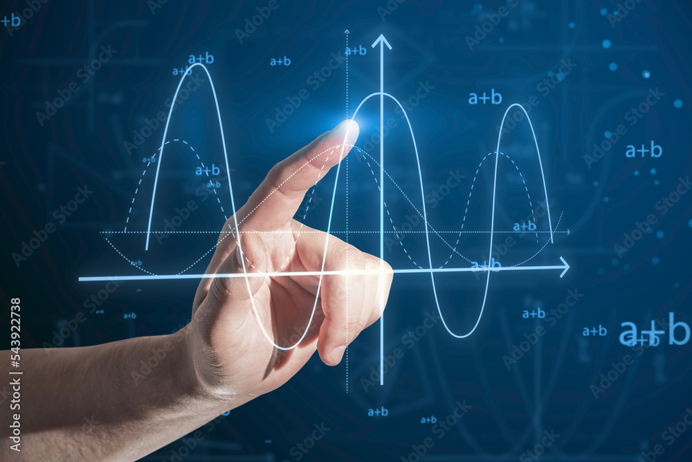Poster Close up of business man hand pointing at abstract glowing mathematical formula graph on blue background. Equation, digital data and mathematics app concept.