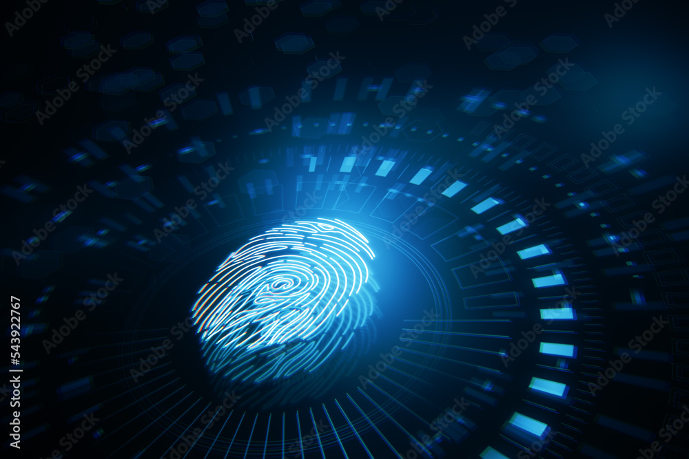 Poster abstract glowing fingerprint hologram on blurry blue background. personal security concept. 3d rende