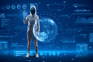 Hacker in hoodie using abstract glowing digital business interface with globe and various other...