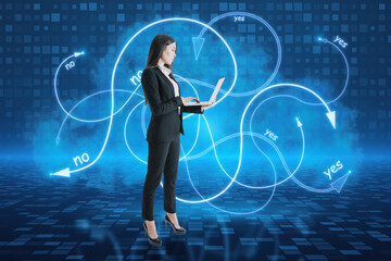 Attractive young european businesswoman using laptop with various digital arrows on blue pixel...