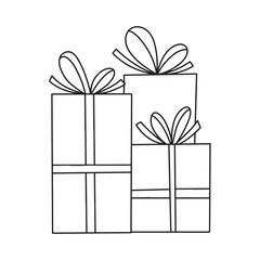 3 presents stacked in a Pile, different gift boxes, decorated with wrapping paper, ribbon, bows. Three gifts for holiday, birthday. Hand drawn outline doodle, simple vector illustration isolated on