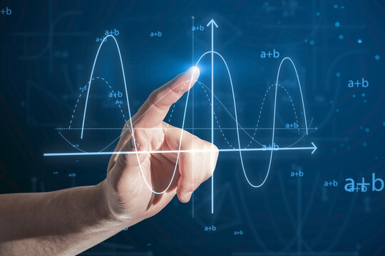 Close up of business man hand pointing at abstract glowing mathematical formula graph on blue background. Equation, digital data and mathematics app concept.