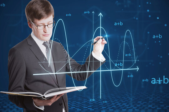 Attractive young european businessman with book using abstract glowing mathematical formula graph on blue background. Equation, digital data and mathematics app concept.
