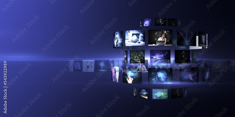 Poster blogging and streaming concept with many digital life style screens on abstract blue background