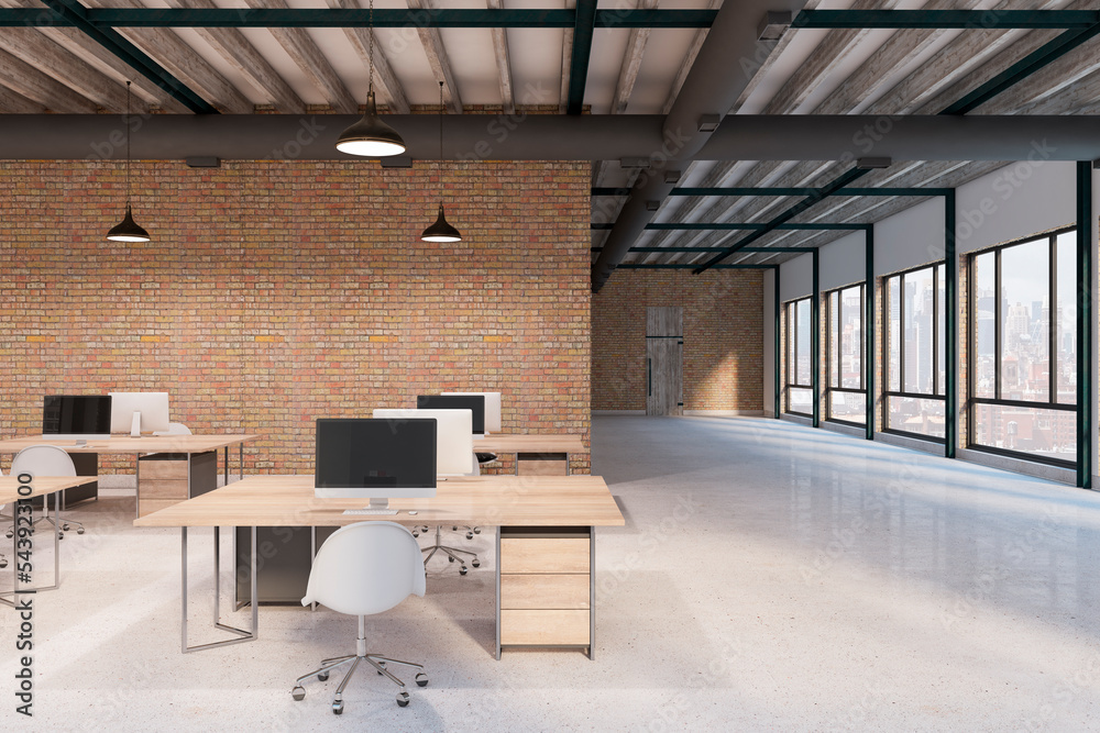 Poster Front view on wooden work places in loft style open space office with brick wall, glossy concrete floor and city view from panoramic windows. 3D rendering