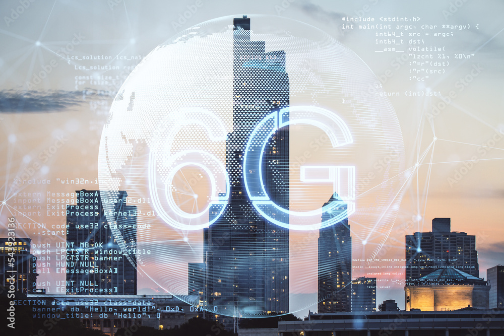 Aufkleber glowing planet earth globe hologram with 6G and index graph on blurry city backdrop. Mobile internet network, speed and signal. Double exposure.