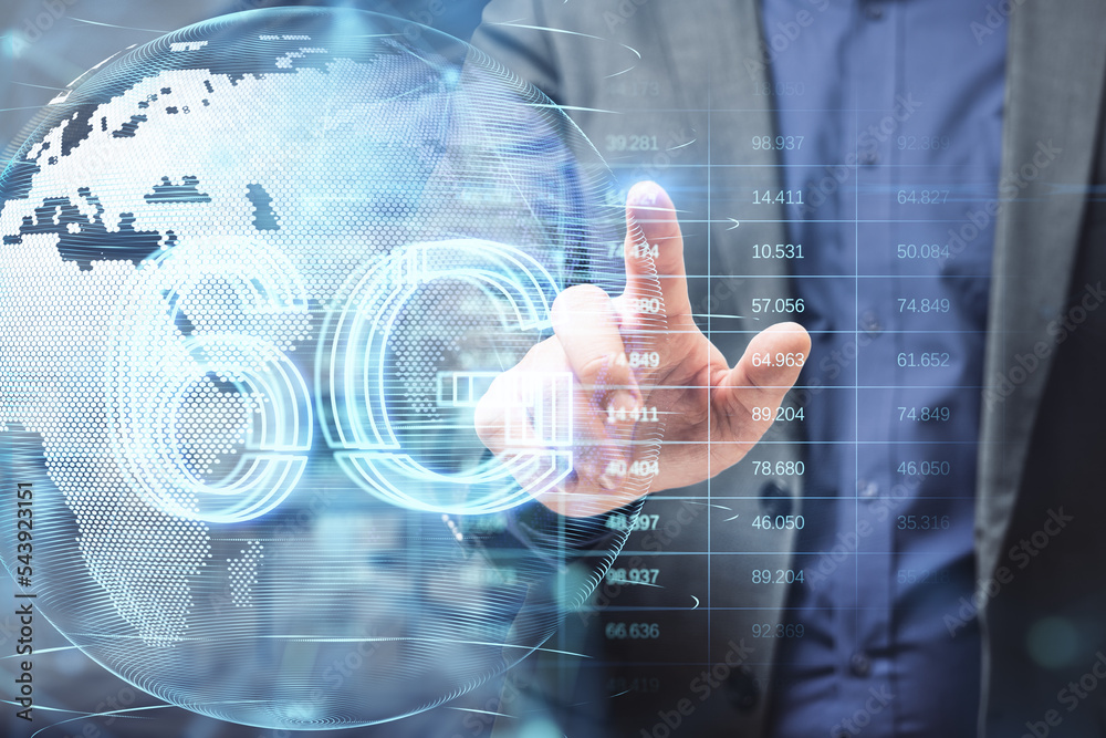 Poster Close up of man hands pointing at glowing planet earth globe hologram with 6G and index graph on blurry office background. Mobile internet network, speed and signal. Double exposure.