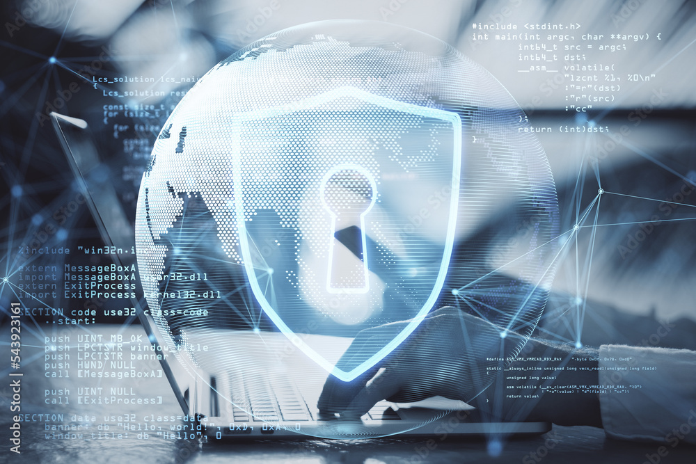 Aufkleber Close up of businessman hand using laptop keyboard abd cellphone with abstract safety hologram with globe and coding on blurry background. Secure, protection and web concept. Double exposure.