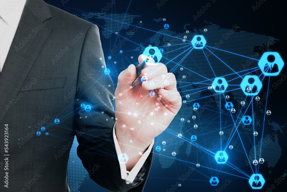 Poster Global network and social communication concept with man hand using stylus on digital touch screen with glowing user icons on world map background