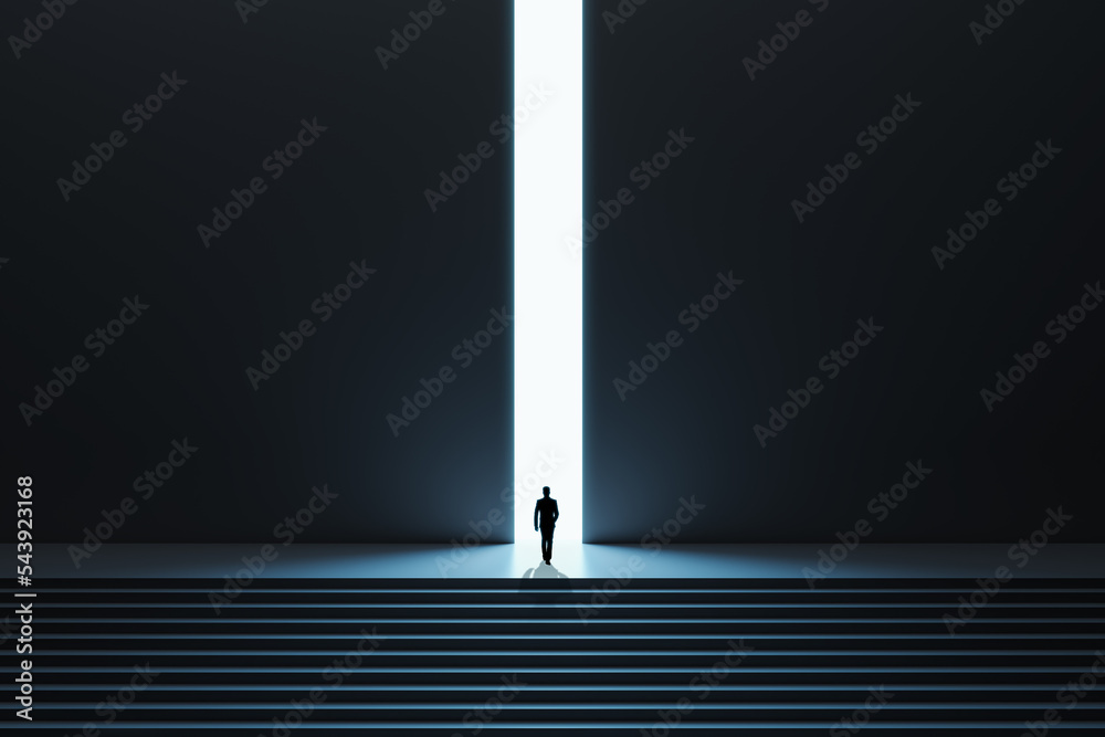 Poster business success and life in motion concept with man walking towards the light from wall hole in the