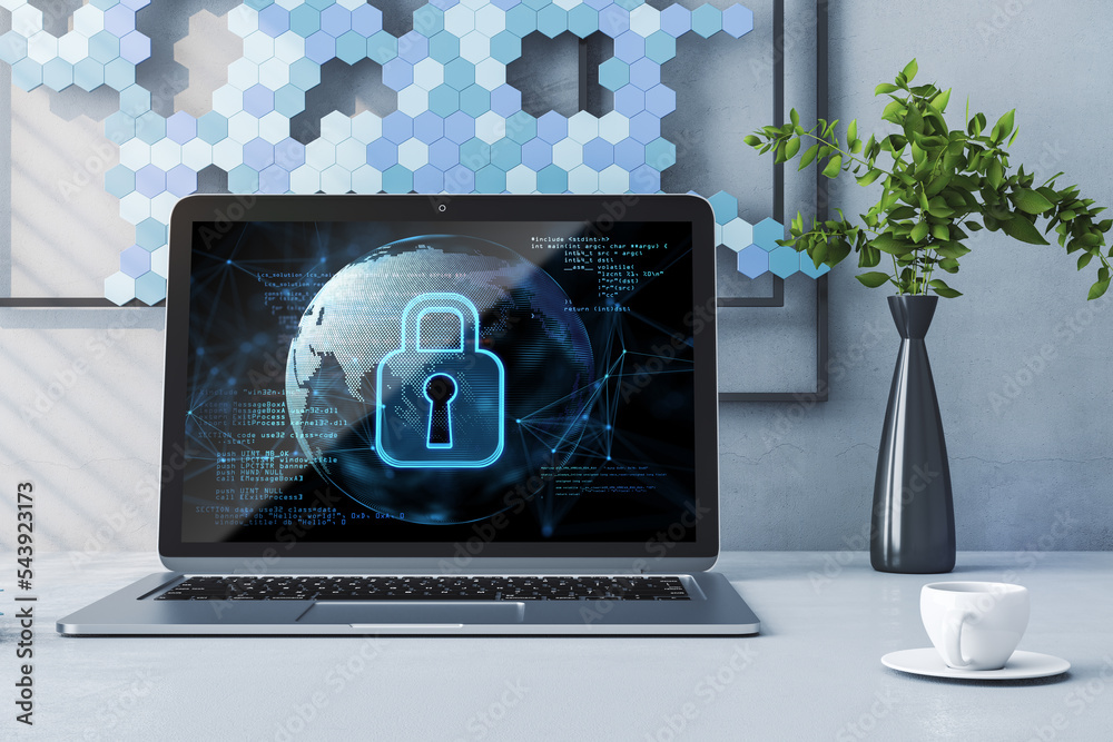 Poster laptop computer on desktop with coffee cup, decorative plant, painting, abstract safety icon on scre