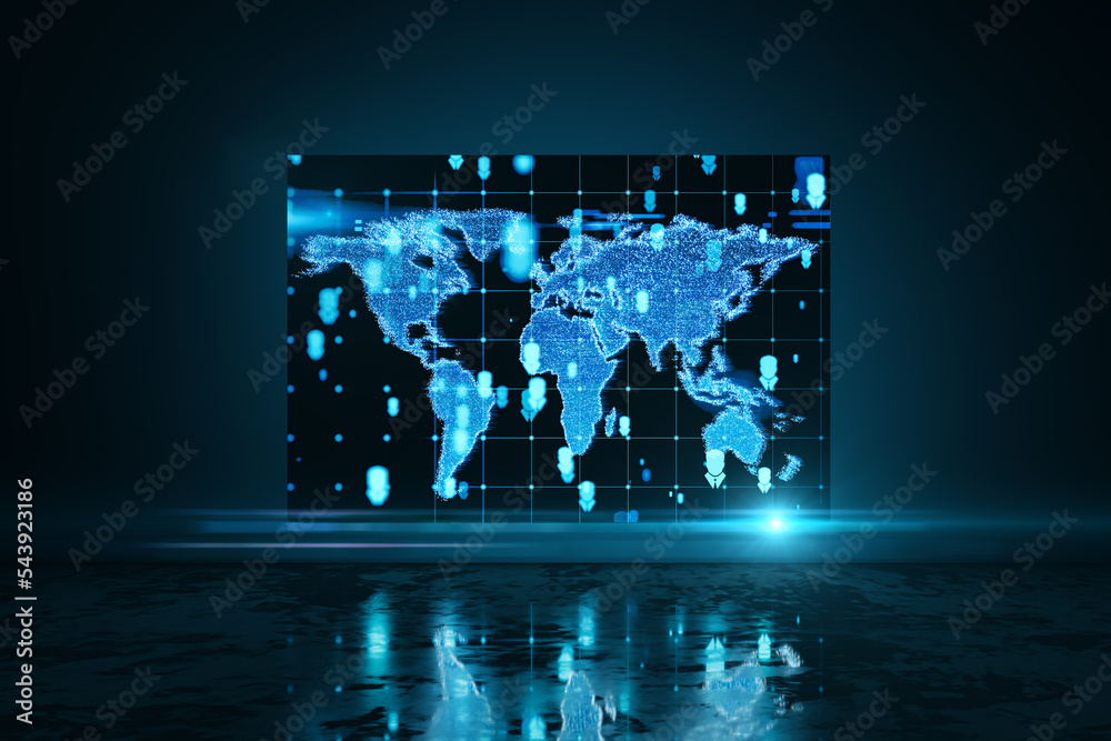 Poster Close up of laptop screen with glowing blue map on dark background with reflections. Connections and digital globe concept. 3D Rendering.