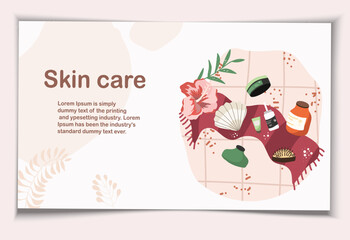 Vector illustration cosmetic products for routine, daily skin care, cream, lotion, milk,oil, shell, hibiscus on a towel, bathroom.