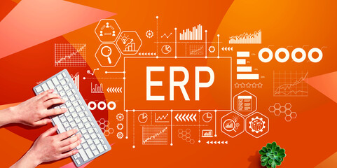 ERP - Enterprise resource planning theme with person using a computer keyboard - obrazy, fototapety, plakaty