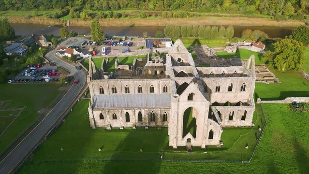 Aerial view of an ancient ruined monastery (Tintern Abbey)