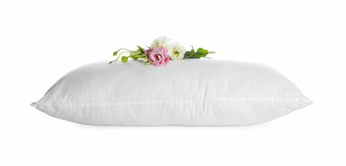 Fototapeta na wymiar Soft pillow with beautiful flowers on white background
