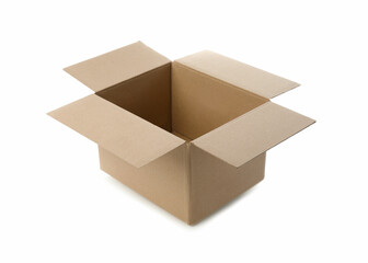 One open cardboard box on white background