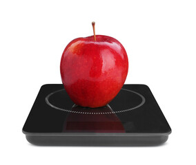 Modern kitchen scale with fresh red apple isolated on white