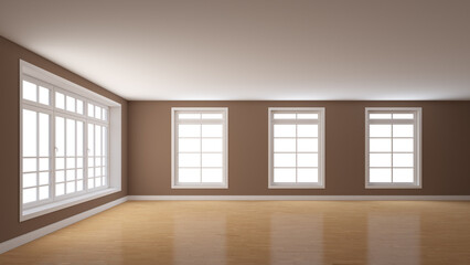 Empty Interior with Brown Plastered Walls, a Large Window on the Left and Three Windows on the Center. White Plinth and a Light Parquet Floor. Mockup Interior. 3D rendering, 8K Ultra HD, 7680x4320