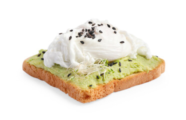 Delicious toast with avocado cream, poached egg and black sesame seeds isolated on white
