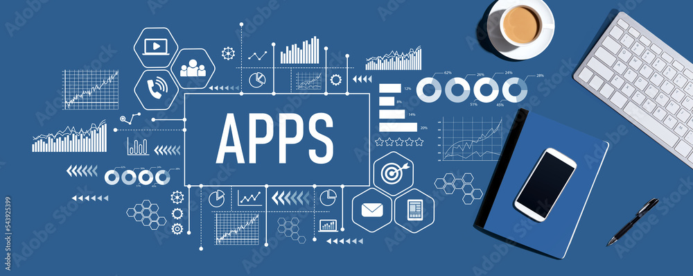 Poster apps theme with a computer keyboard and office items