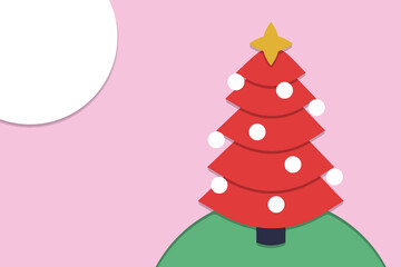 Paper craft illustration geometric shapes of Red Christmas Tree with yellow star on pink background