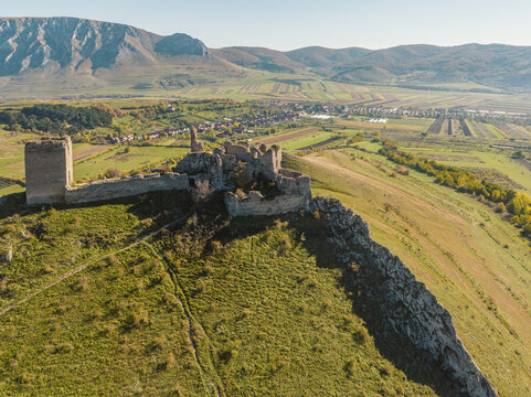 Romania - Transylvania - Trascau fortress (in hungarian: Torock&oacute;szentgy&ouml;rgyi v&aacute;r) apuseni mountains from drone view