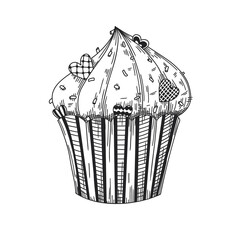 Sketch of a cupcake with cream and hearts decoration. Valentine's day cupcake.