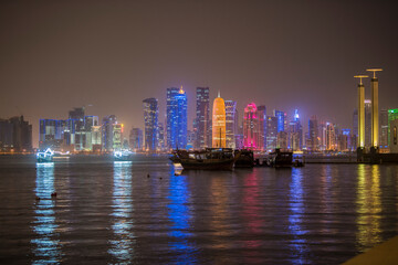 Doha, Qatar- December 23,2019 : Night view of Skyline, Doha's Financial District (West Bay).