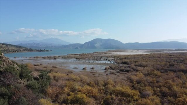 Aerial view of Lake Bafa bird sanctuary and a nature reserve, Turkey