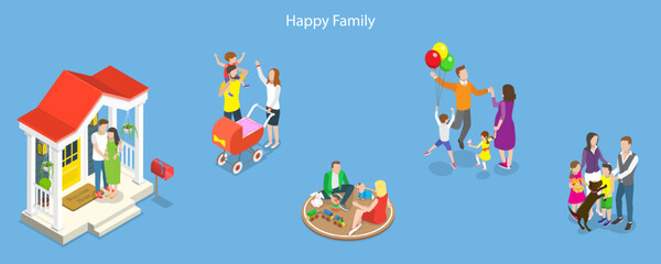 Obraz na płótnie Canvas 3D Isometric Flat Vector Conceptual Illustration of Happy Family Set, Playing and Enjoying Time Together
