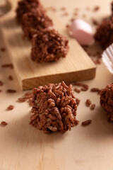 Homemade Caramel Marshmallows covered in chocolate flavor puffed rice, sweet treat easy to make, no baking required, ideal for parties and festivities, Christmas favorites.
