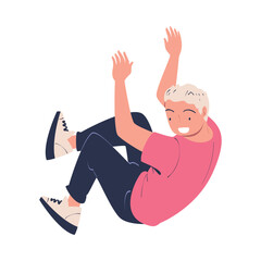 Cheerful Man Character Jumping and Bouncing on Trampoline Vector Illustration