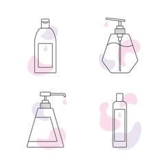 Set of linear elements of cosmetic products for the shower. Gentle body gel, liquid hand soap with dispenser, hair shampoo and conditioner. Accessories for body, skin and hair care. Jars, bottles