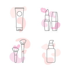 Set cosmetics for make-up. Fashionable makeup accessories lipstick, blush and eyeshadow brushes, cream base and foundation for an even skin tone. Vector thin line illustration. Women's style