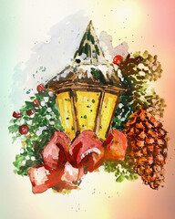Christmas lantern with bows, cones and branches in the snow on a colorful background. Modern acrylic New Year's drawing