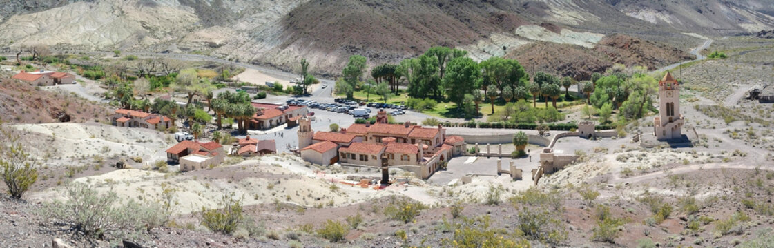 Scotty's Castle , Death Valley - A panoramic view of Scotty's Castle in Death Valley National Park and the surrounding buildings and landscape