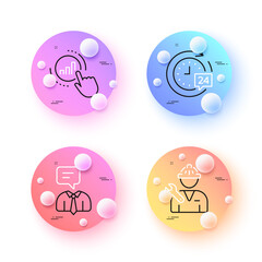 Support service, Repairman and Graph chart minimal line icons. 3d spheres or balls buttons. 24h delivery icons. For web, application, printing. Human talking, Repair service, Get report. Vector