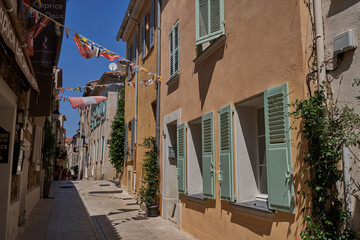 Saint Tropez, France - August 8, 2022 - the narrow streets and squares of the world-famous French town on a summer afternoon