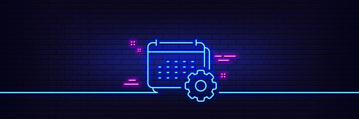 Neon light glow effect. Calendar line icon. Annual planner sign. Event schedule symbol. 3d line neon glow icon. Brick wall banner. Calendar outline. Vector
