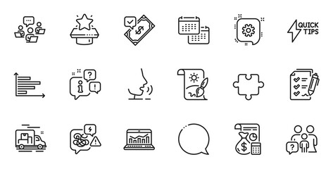 Outline set of Accounting, Stress and Survey checklist line icons for web application. Talk, information, delivery truck outline icon. Include Calendar, Teamwork, Quickstart guide icons. Vector