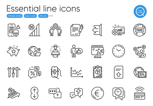 Music app, Spanner tool and Web photo line icons. Collection of Cyber attack, Discounts chat, Like icons. Lock, Euro money, Fake news web elements. Diagram chart, Lightning bolt, 5g wifi. Vector