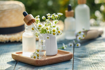 Bottles of chamomile essential oil, pipette and flowers on grey wooden table, space for text