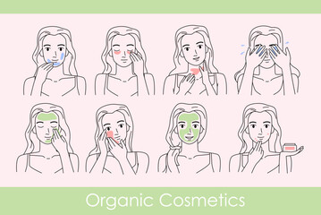 Hand drawn girls clean and moisture face with massage procedures, detox treatment, apply skincare cream. Facial beauty skin care, healthy routine of young woman, outline icons vector illustration