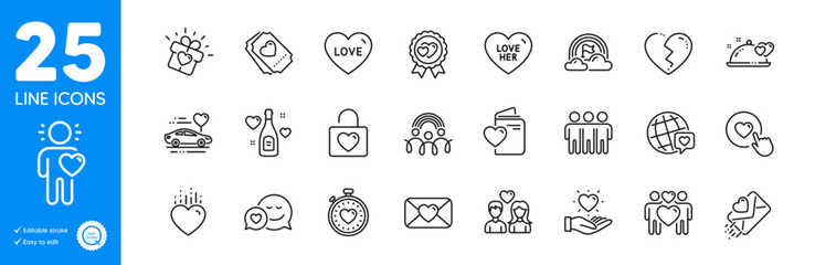 Fototapeta na wymiar Outline icons set. Love award, Hold heart and Love document icons. Valentine, Inclusion, Friendship web elements. Heart, Romantic dinner, Wedding locker signs. Like button. Vector
