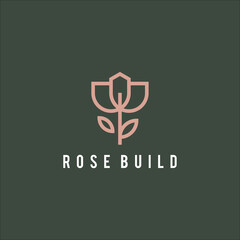 line art Rose flower and house or building logo vector