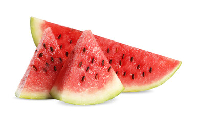 Slices of delicious ripe watermelon on white background