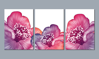 Home decor of the walls. Floral background with flower camelia. Element for design. Set of 3 canvases for wall decoration in the living room, office, bedroom, office. Vector illustration.