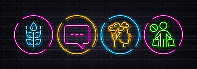 Gluten free, Mindfulness stress and Blog minimal line icons. Neon laser 3d lights. Stop shopping icons. For web, application, printing. Bio ingredients, Cloud storm, Chat message. No buying. Vector